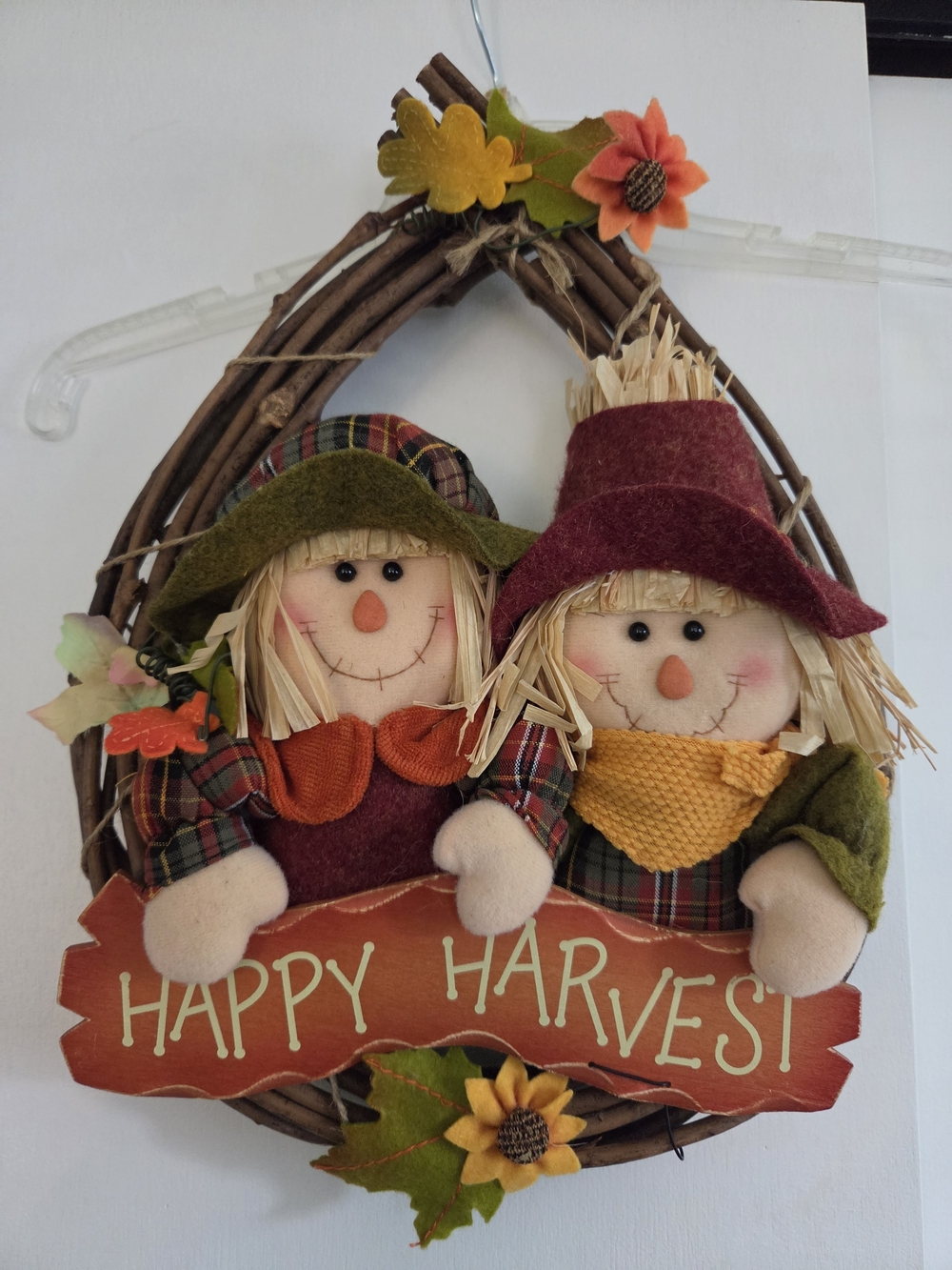 Autumn Fall Happy Harvest Scarecrow Wreath – Orange, Green & Burgundy
